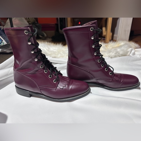 Vintage Justin J Diamond Boots Burgundy Oxblood Leather Kiltie Men 8B USA - Picture 3 of 6